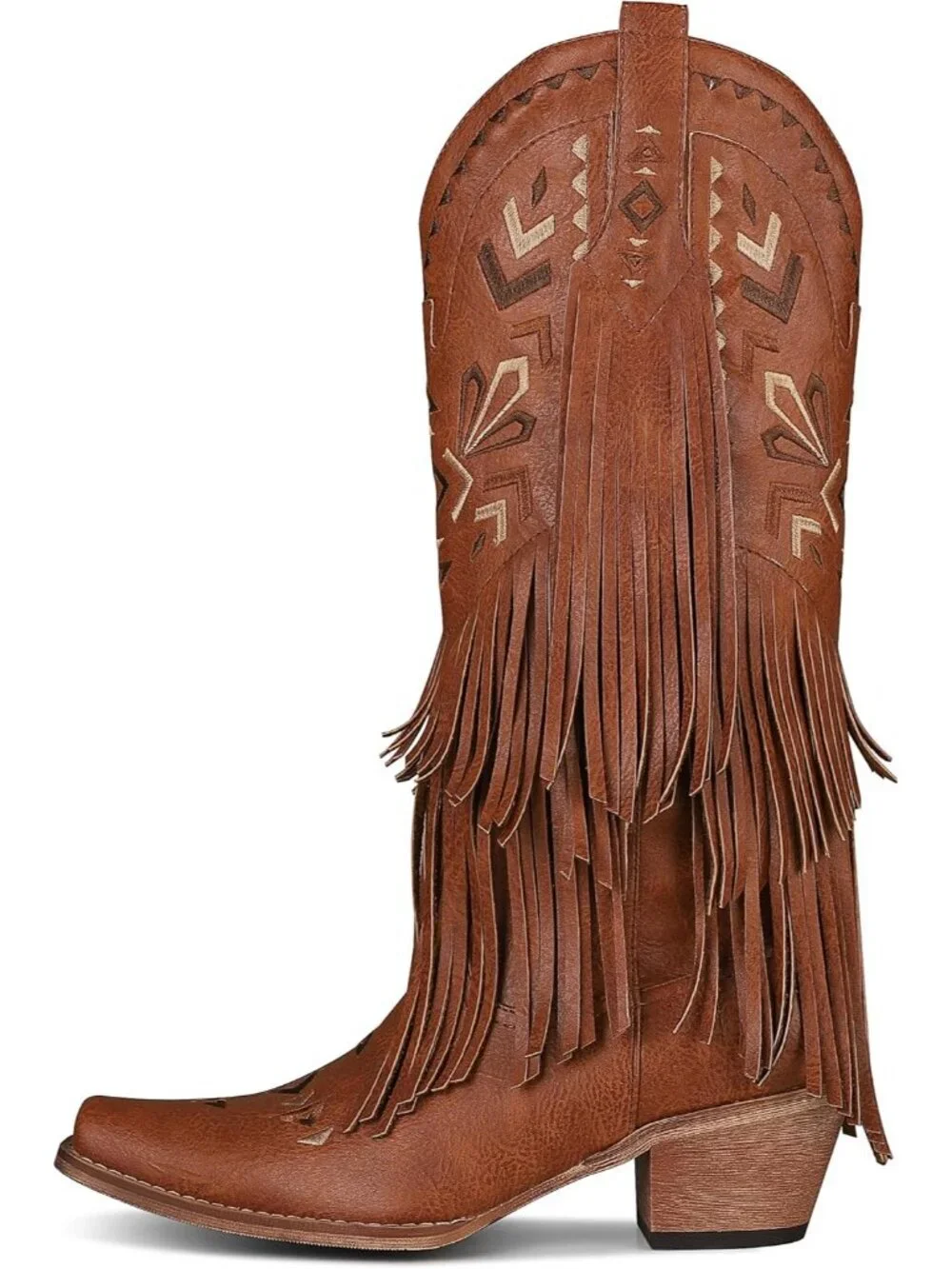 Women's Brown Cowgirl Knee High Fringe Boots Rubber Fleece Microfiber